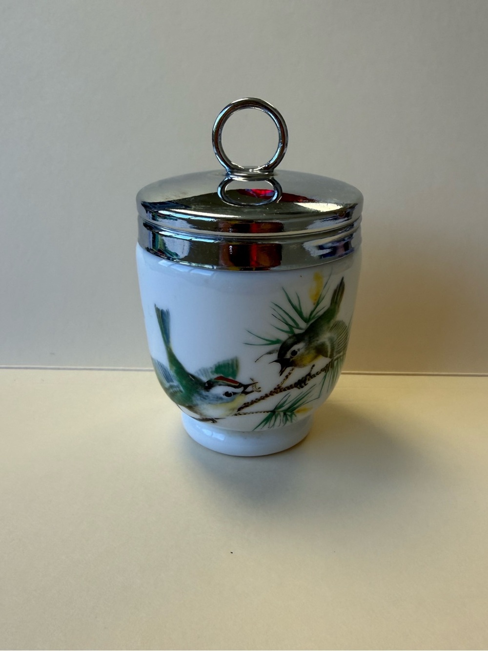 Vintage Royal Worcester Porcelain Egg Coddler Discontinued Birds in Pine Design.